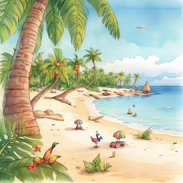 A painting of a beach scene with palm trees and a blue bird on the beach.