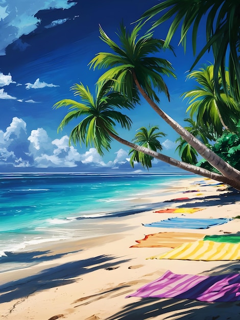 a painting of a beach scene with palm trees and colorful beach towels