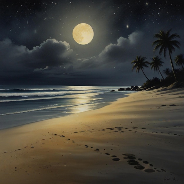 Photo a painting of a beach scene with palm trees and a moon in the sky