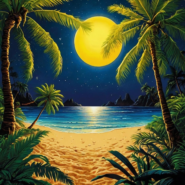 a painting of a beach scene with palm trees and the moon