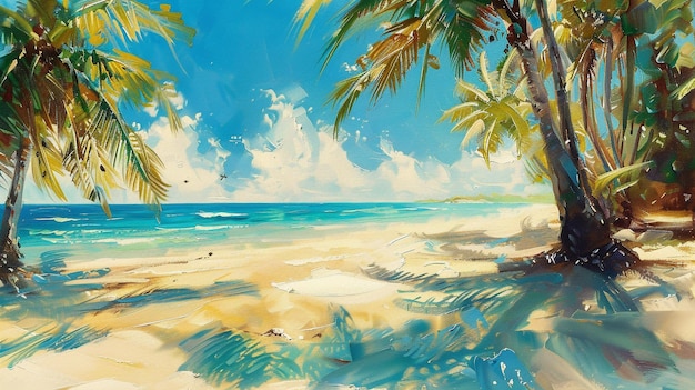 a painting of a beach scene with palm trees and the ocean in the background