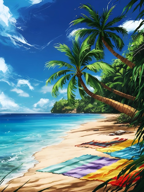 a painting of a beach scene with palm trees and the ocean in the background