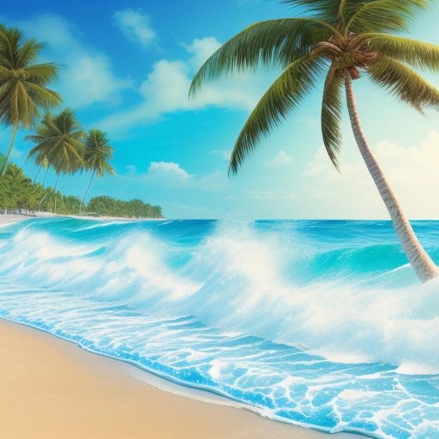 a painting of a beach scene with palm trees and the ocean in the background