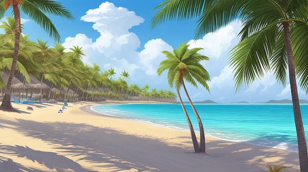 a painting of a beach scene with palm trees and the ocean in the background