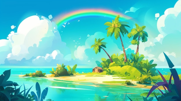 a painting of a beach scene with a rainbow in the sky