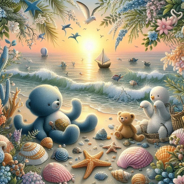 a painting of a beach scene with sea animals and seashells