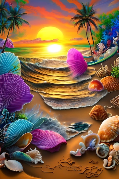 A painting of a beach scene with seashells and a sunset.