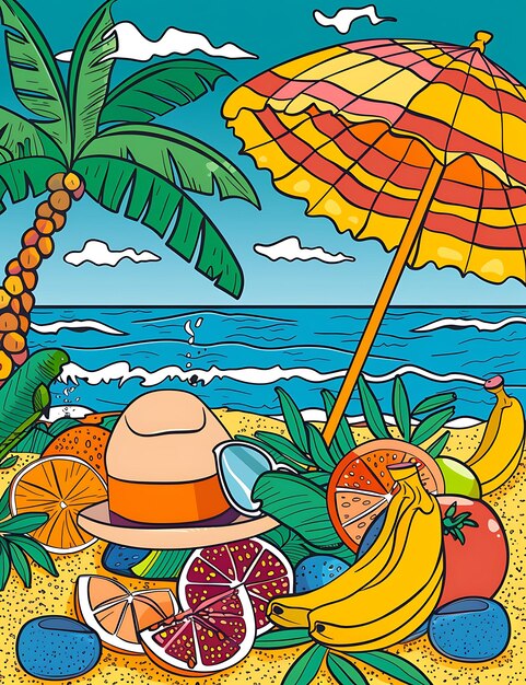 a painting of a beach scene with a tropical scene with a tropical scene