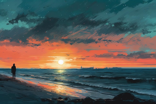 A painting of a beach at sunset with a sunset in the background.