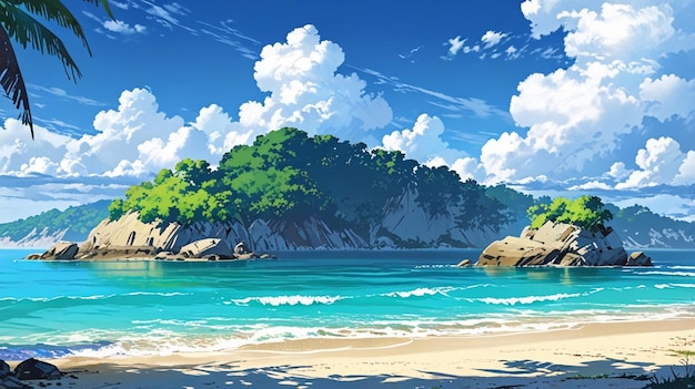 a painting of a beach with a beach and mountains in the background