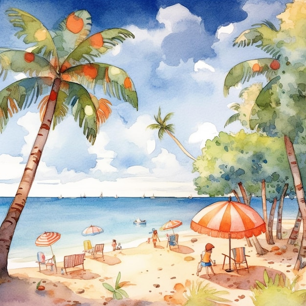 A painting of a beach with a beach scene and palm trees.