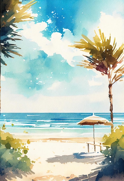 A painting of a beach with a beach umbrella and a palm tree.