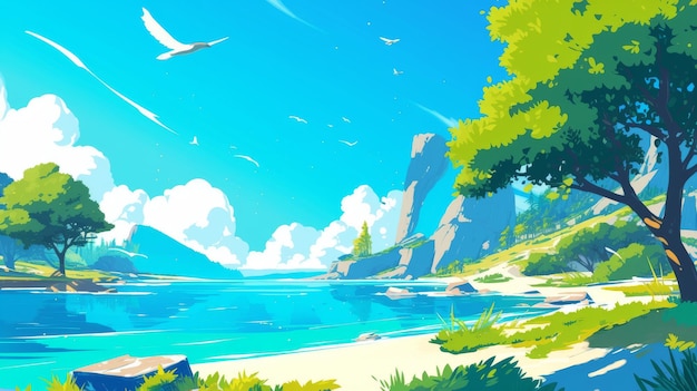 a painting of a beach with a bird flying in the sky