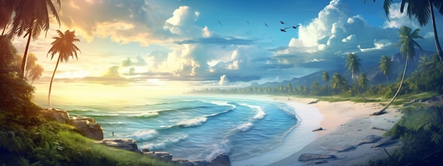 A painting of a beach with birds flying in the sky.