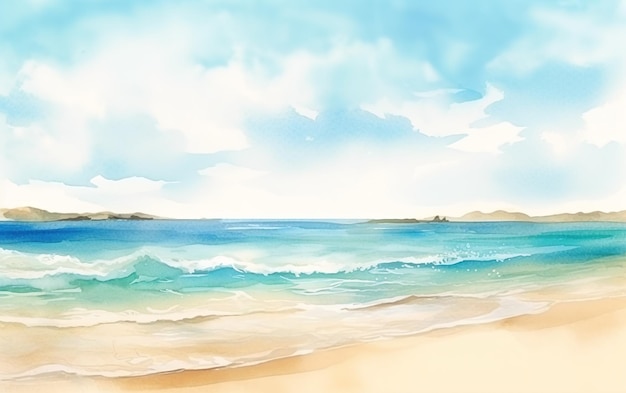 A painting of a beach with a blue sky and clouds.