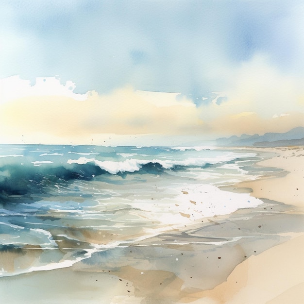 A painting of a beach with a blue sky and clouds.