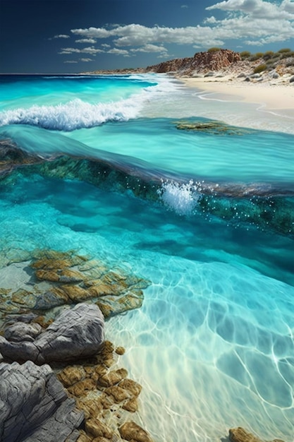 A painting of a beach with a blue sky and the sea in the background.