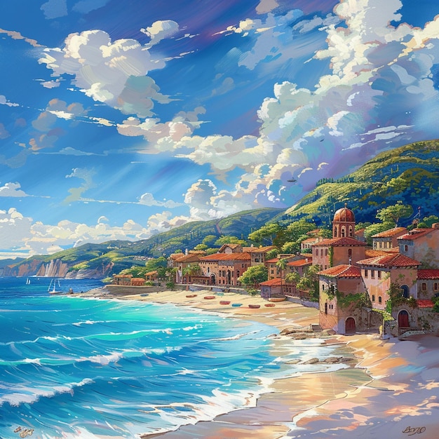 painting of a beach with a boat and houses on the shore generative ai