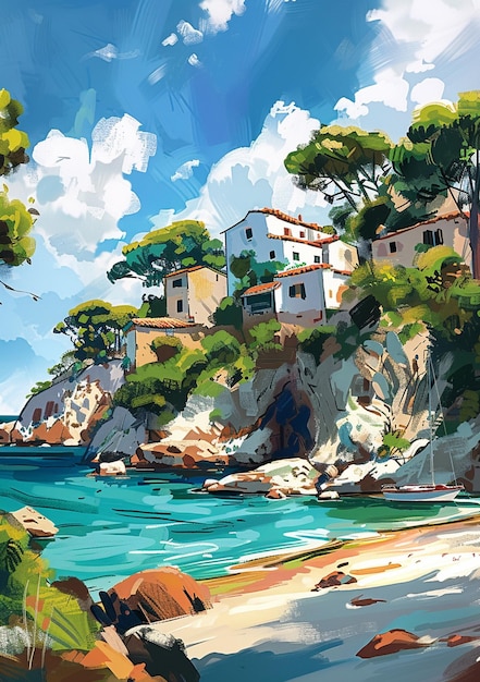 painting of a beach with a boat and houses on the shore generative ai