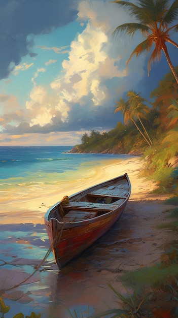 A painting of a beach with a boat on it