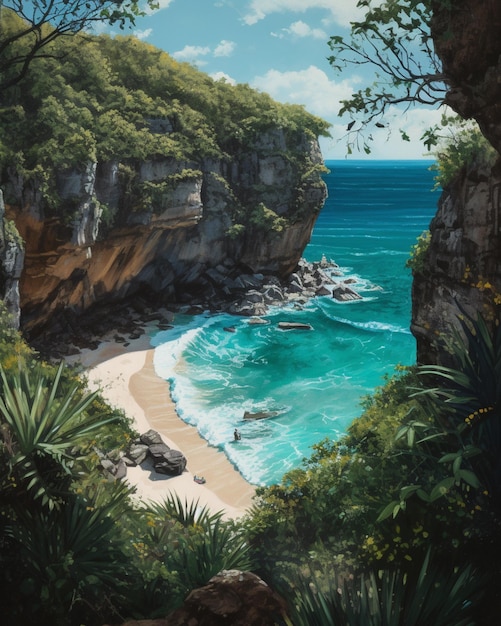 A painting of a beach with a cliff in the background