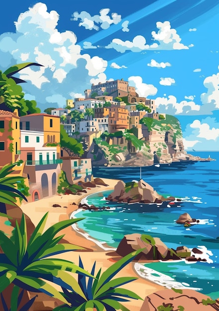 painting of a beach with a cliff and a town on the top generative ai