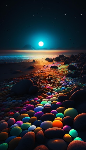 A painting of a beach with colorful bubbles and the moon in the background.