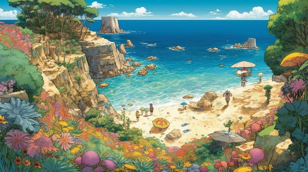 A painting of a beach with flowers and a beach in the background.