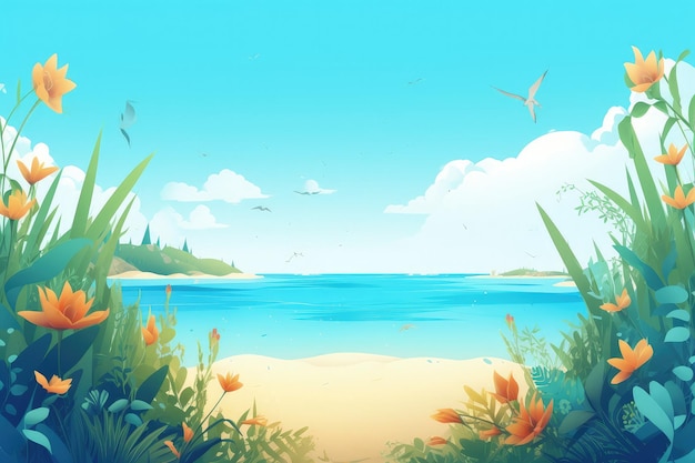 A painting of a beach with flowers and a bird flying over it generative AI