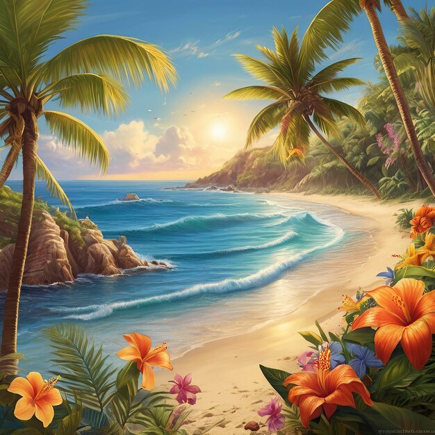 a painting of a beach with flowers and the ocean in the background