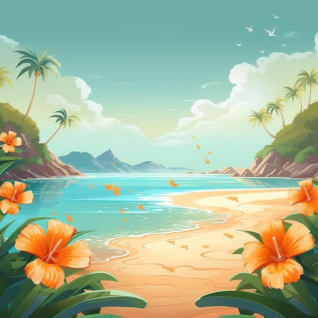 A painting of a beach with flowers and a sky background