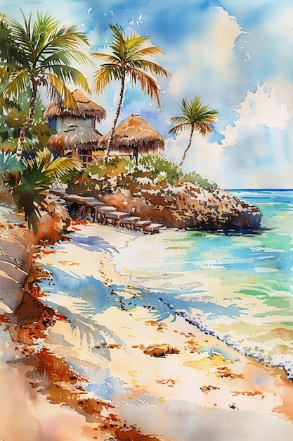 painting of a beach with a hut and palm trees on the shore generative ai