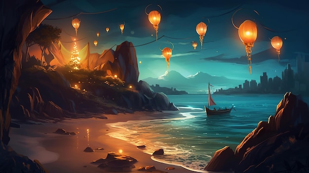 A painting of a beach with lanterns hanging from the sky