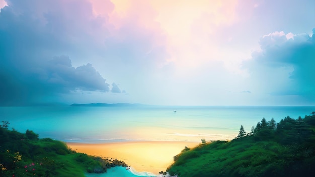 A painting of a beach with a lighthouse on the horizon.