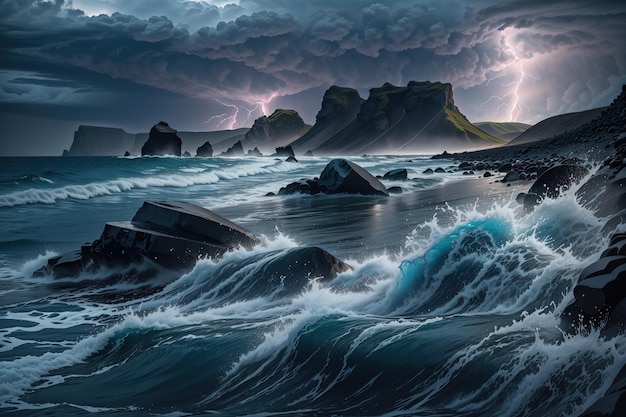 A painting of a beach with a lightning storm in the background.