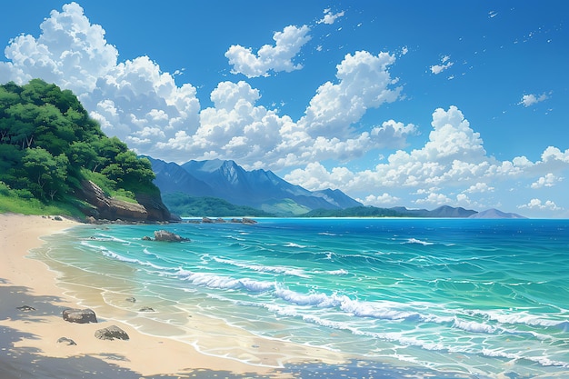 a painting of a beach with a mountain in the background