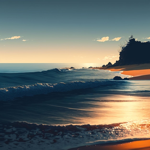 A painting of a beach with a mountain in the background