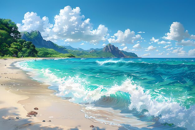 a painting of a beach with mountains in the background