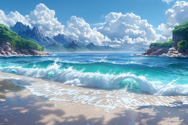 a painting of a beach with mountains in the background