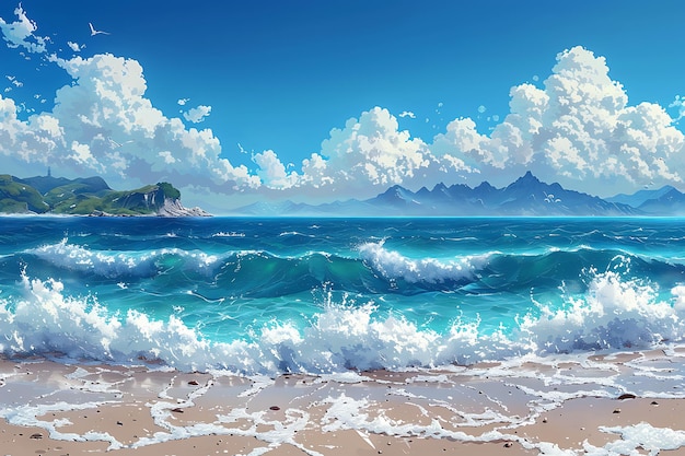 a painting of a beach with mountains in the background