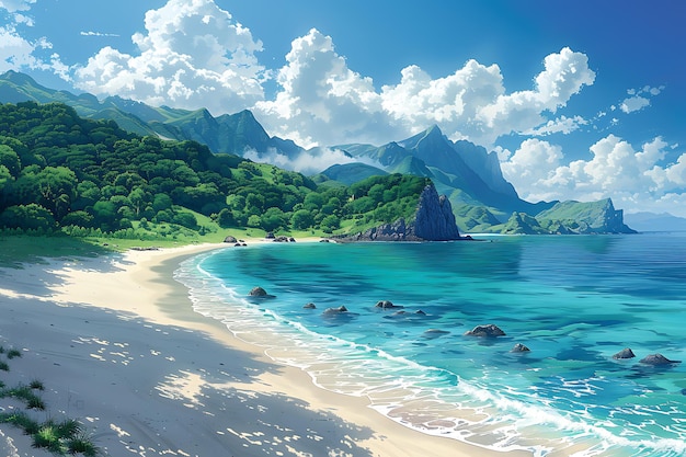 a painting of a beach with mountains in the background