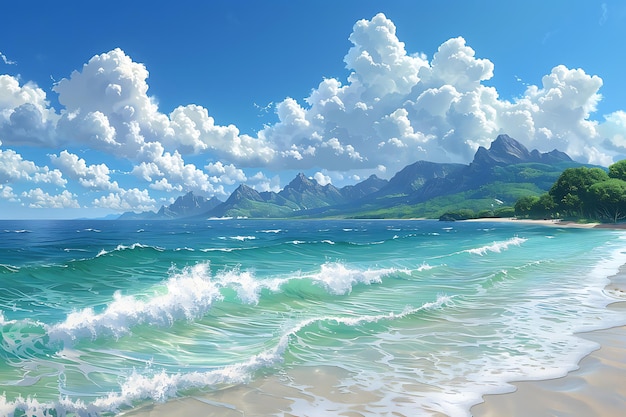 a painting of a beach with mountains in the background