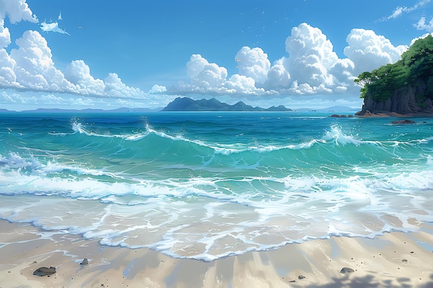 a painting of a beach with mountains in the background