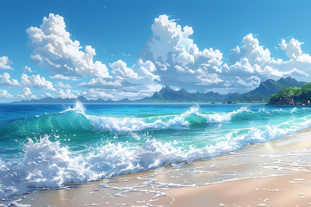 a painting of a beach with mountains in the background