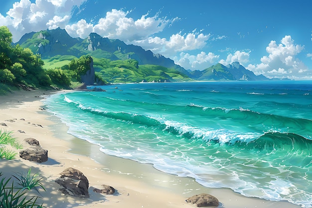 a painting of a beach with mountains in the background