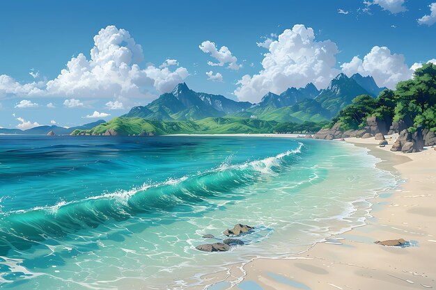 a painting of a beach with mountains in the background