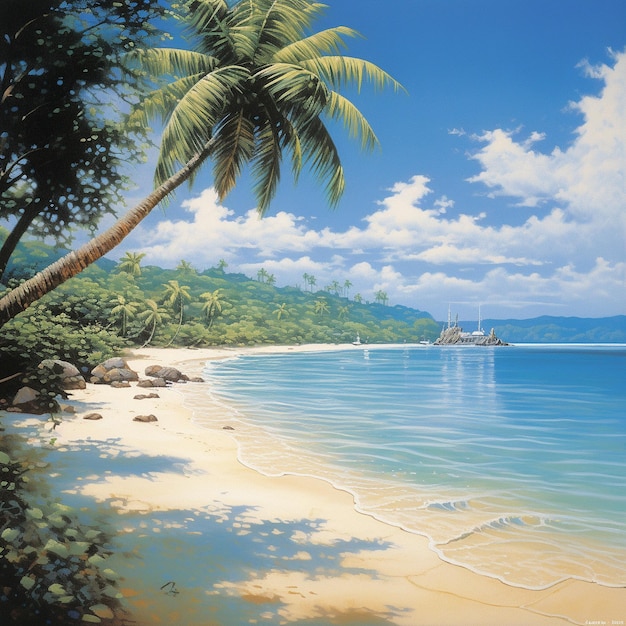 a painting of a beach with a palm tree and a boat in the background.