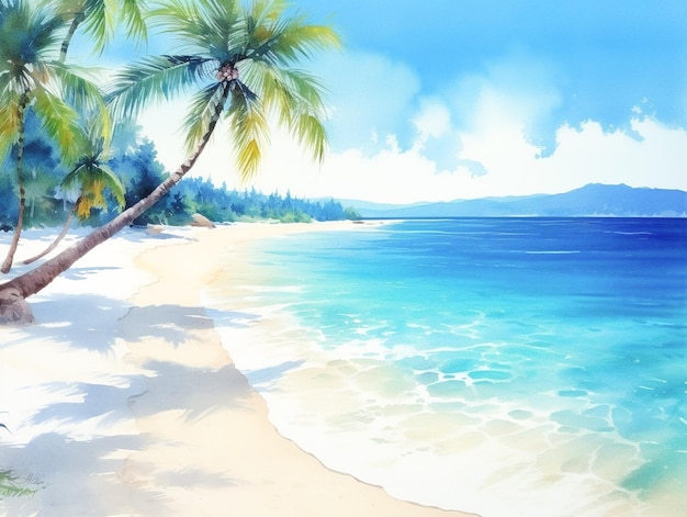 A painting of a beach with a palm tree on it