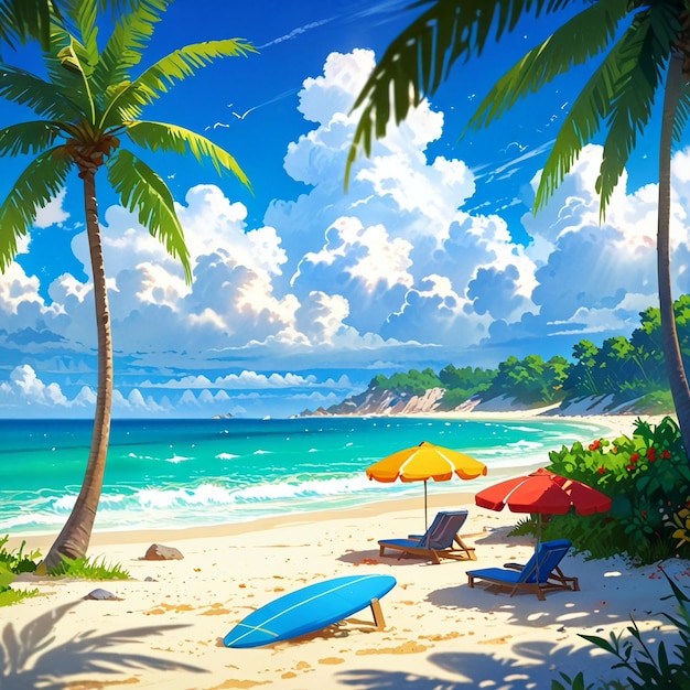 a painting of a beach with palm trees and a blue umbrella