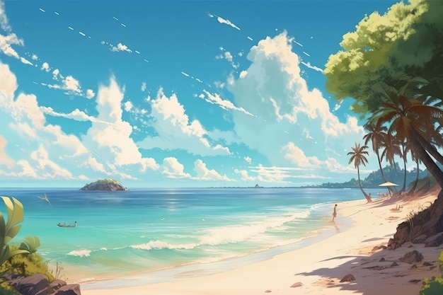 A painting of a beach with palm trees generative AI